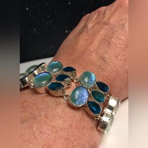 Triplet Fire Opal Blue Topaz Stamped 925 Sterling Silver Bracelet
